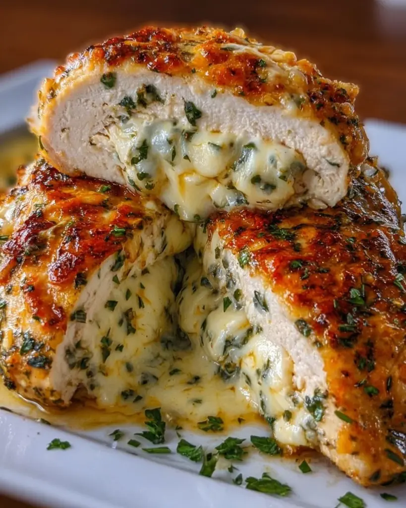Cheesy Stuffed Chicken with melted cheese and herbs on a plate
