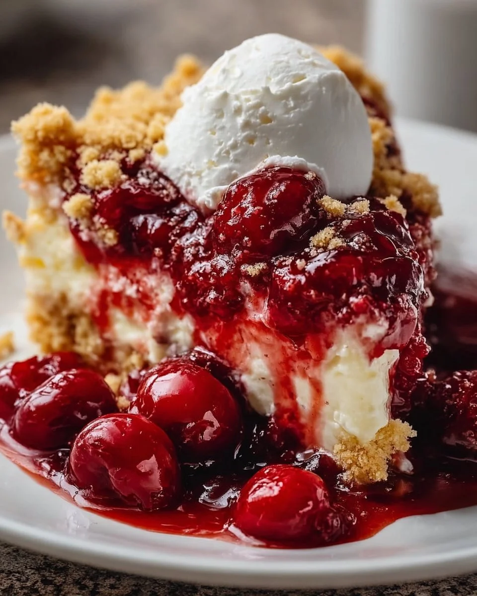 Delicious cherry cheesecake dump cake with crumble topping freshly baked