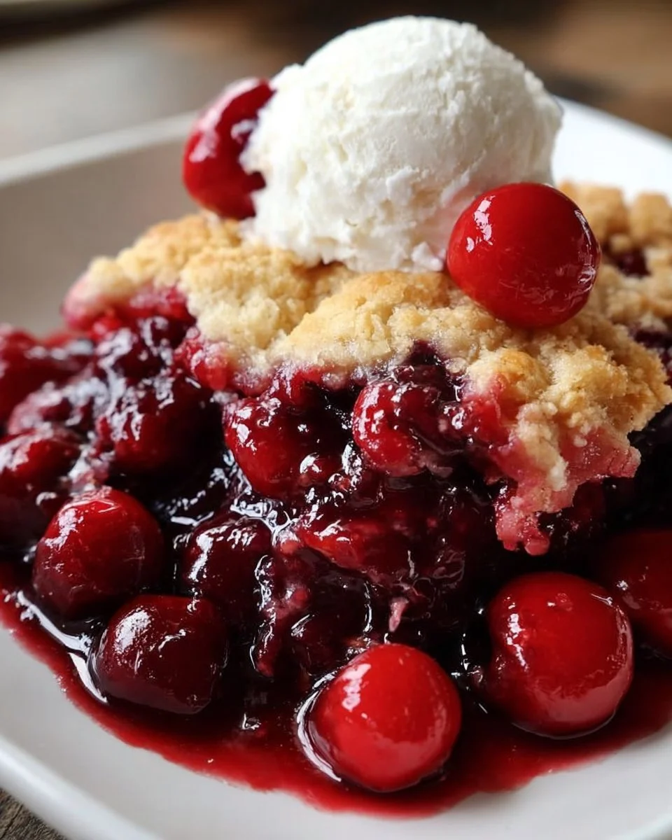 Delicious homemade cherry cobbler with fresh cherries and a golden crust