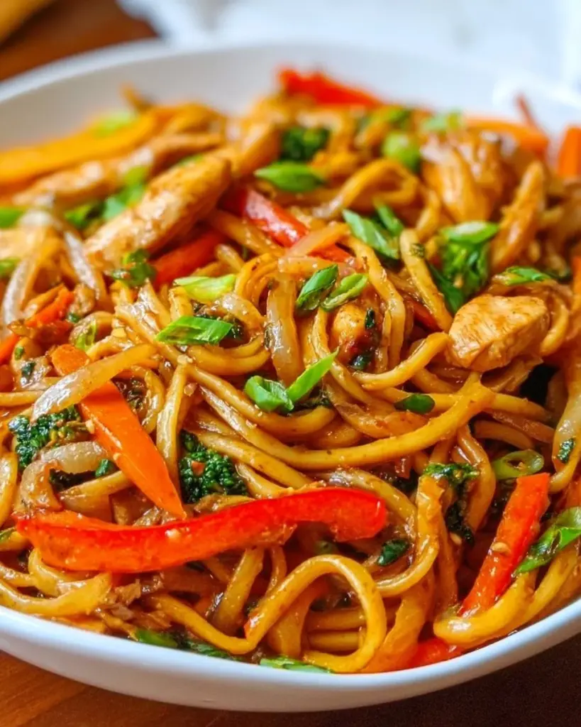 Delicious Chicken Noodle Stir Fry with colorful vegetables and tender chicken