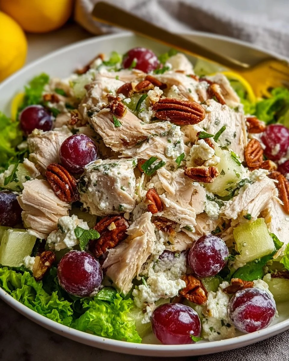 Delicious chicken salad with grapes and almonds served in a bowl