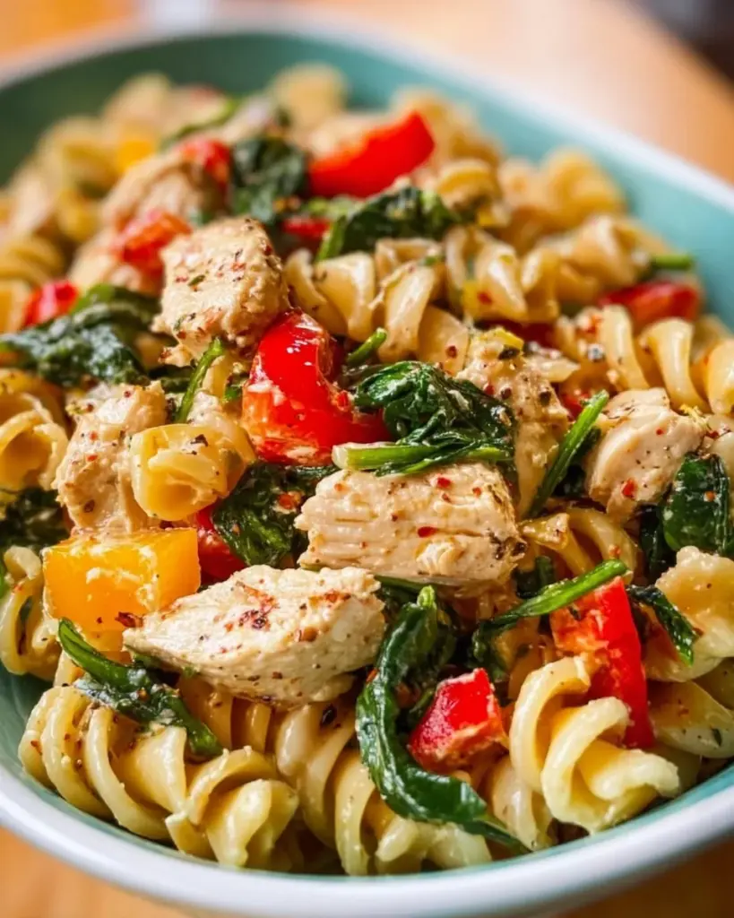 Delicious Chicken Spinach Pasta Salad with colorful vegetables and dressing