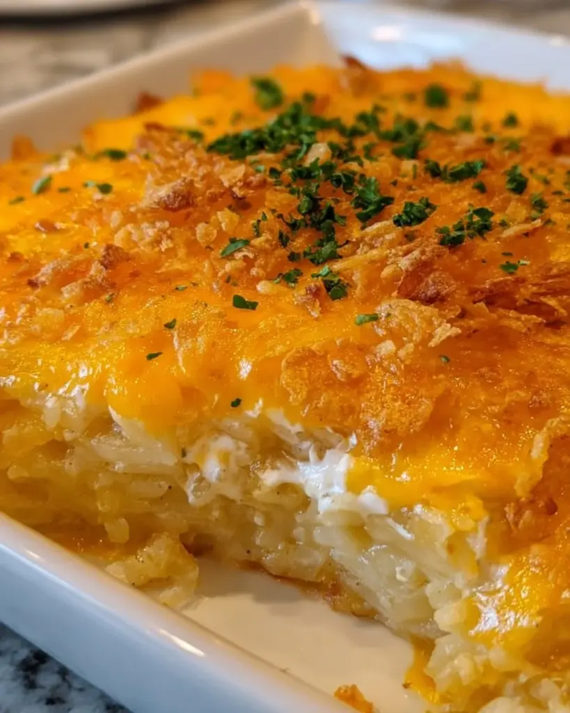 Delicious Cracker Barrel hashbrown casserole served in a dish