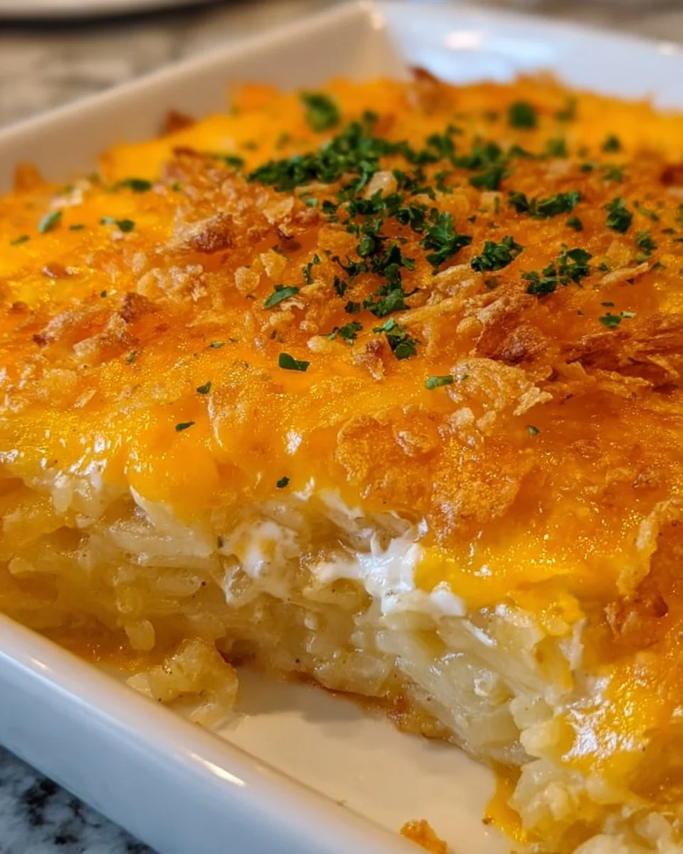 Delicious Cracker Barrel hashbrown casserole served in a dish