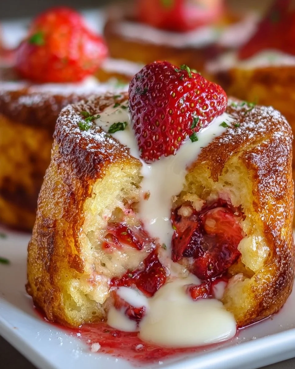 Cream Cheese Strawberry French Toast Muffins freshly baked and served on a plate.