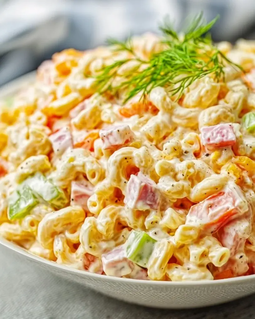 A bowl of creamy macaroni salad with colorful vegetables and dressing.