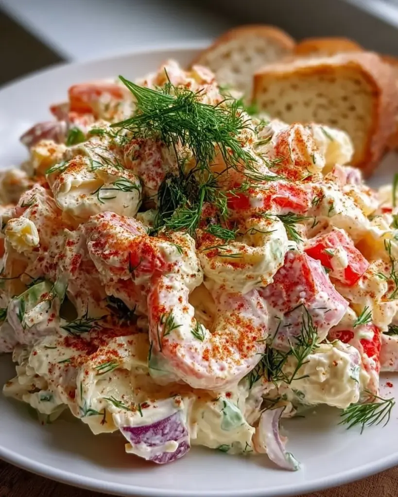 Creamy seafood salad with fresh ingredients and rich dressing
