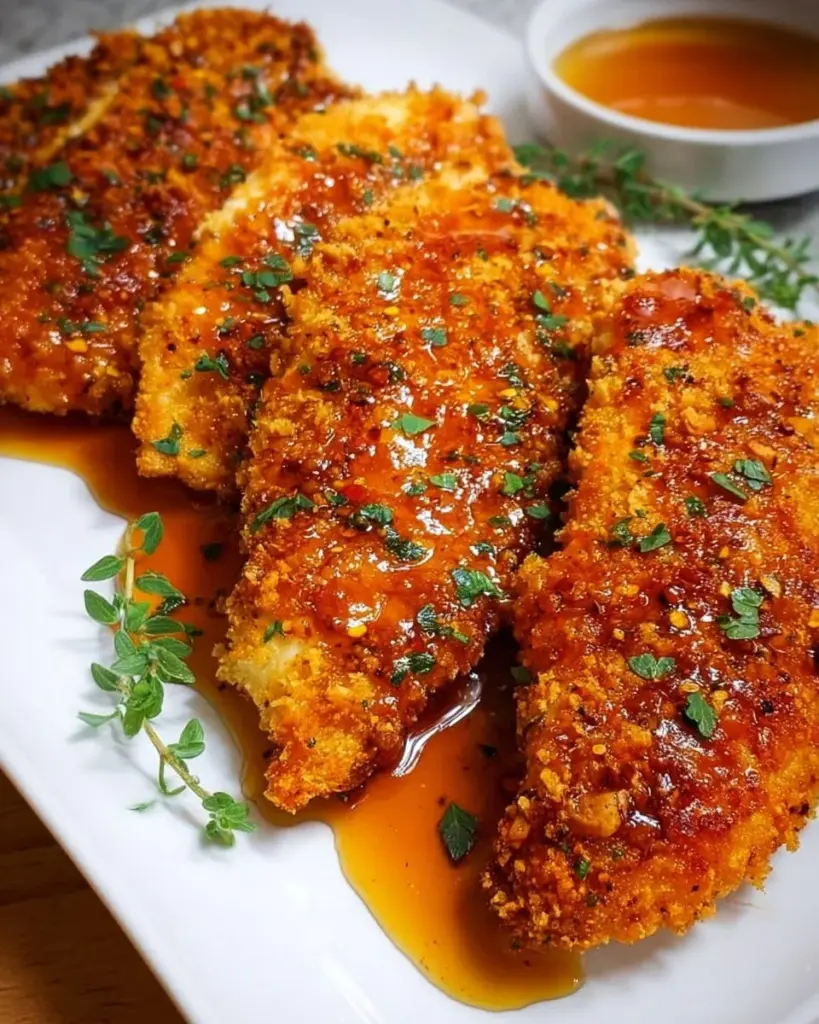 Plate of crispy chicken drizzled with hot honey sauce