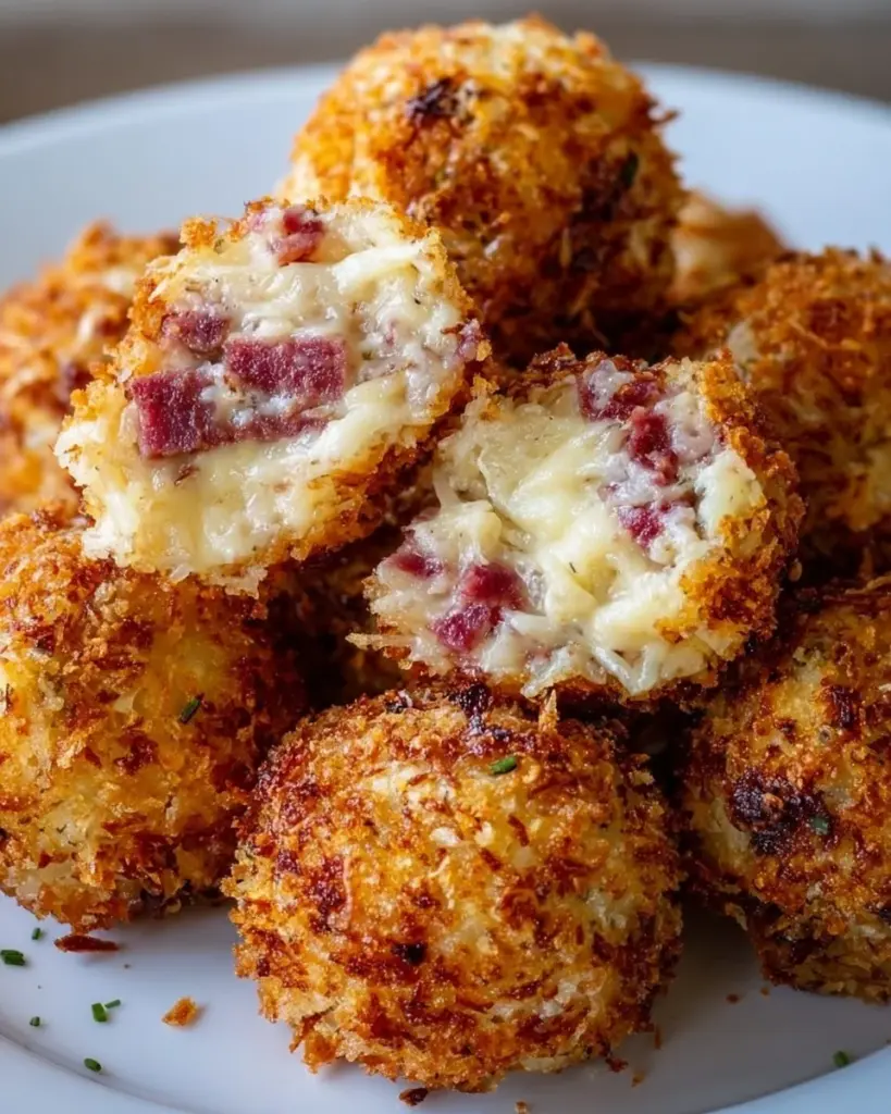 Crispy Reuben balls appetizer served with dipping sauce