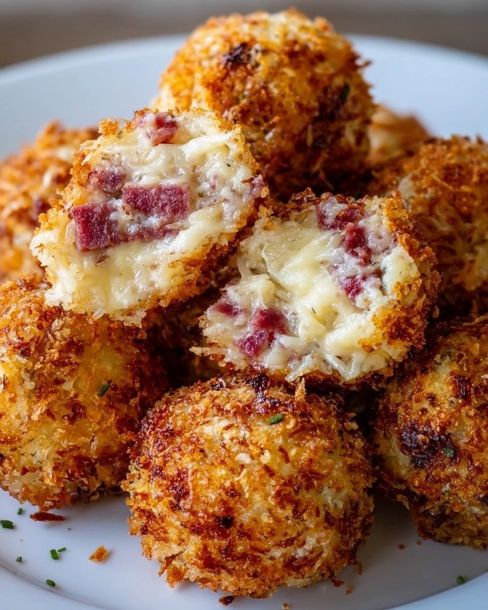 Crispy Reuben balls appetizer served with dipping sauce