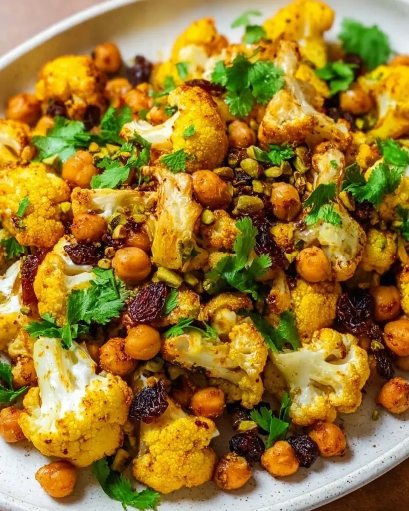 Curried cauliflower and chickpea salad served in a bowl with fresh herbs.