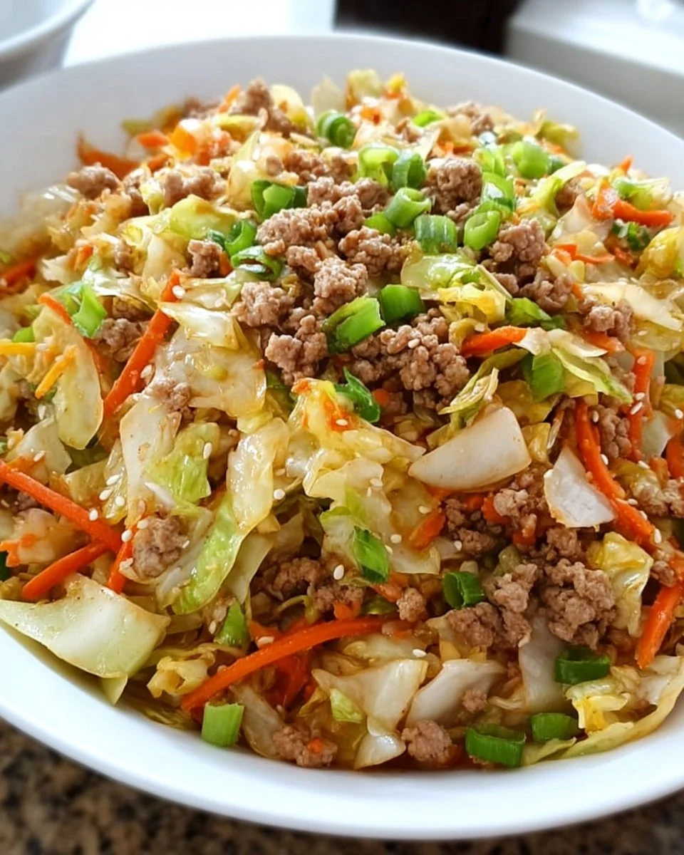 Bowl of Easy Egg Roll In a Bowl with colorful vegetables and savory pork