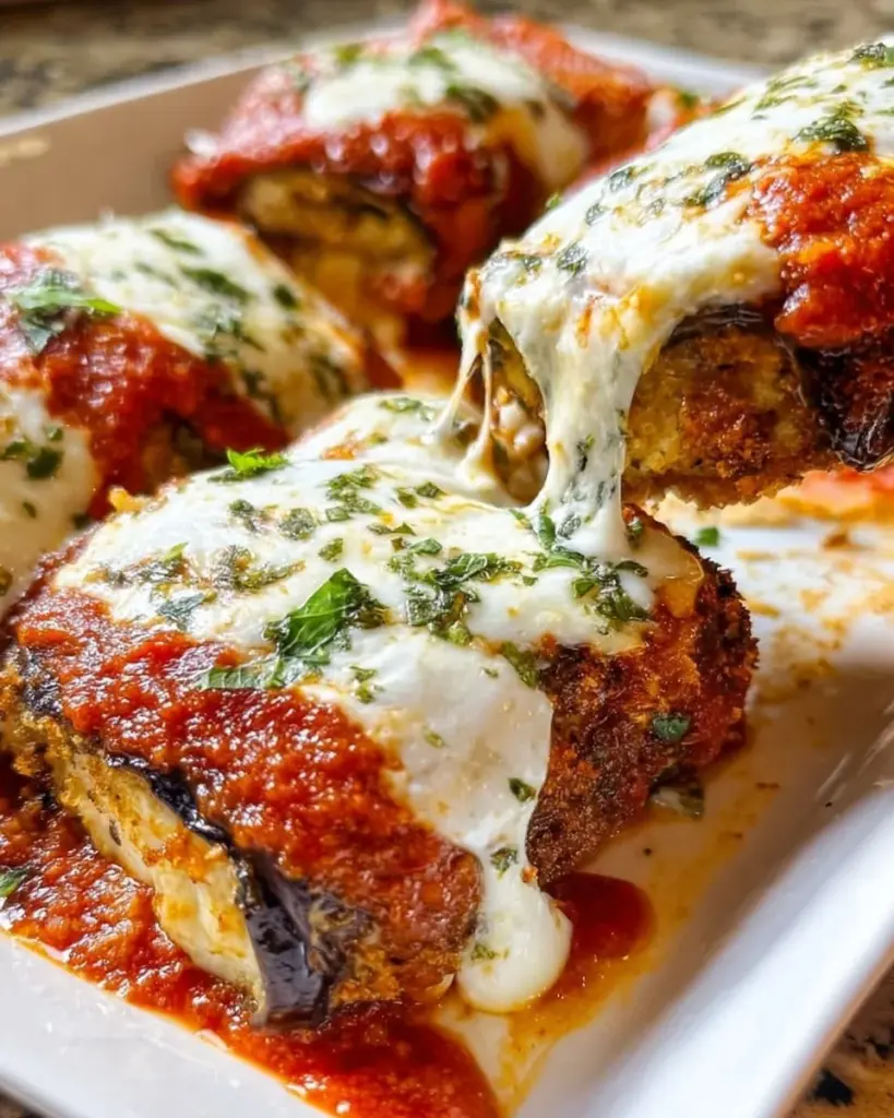 Delicious easy eggplant rollatini served in a plate with marinara sauce