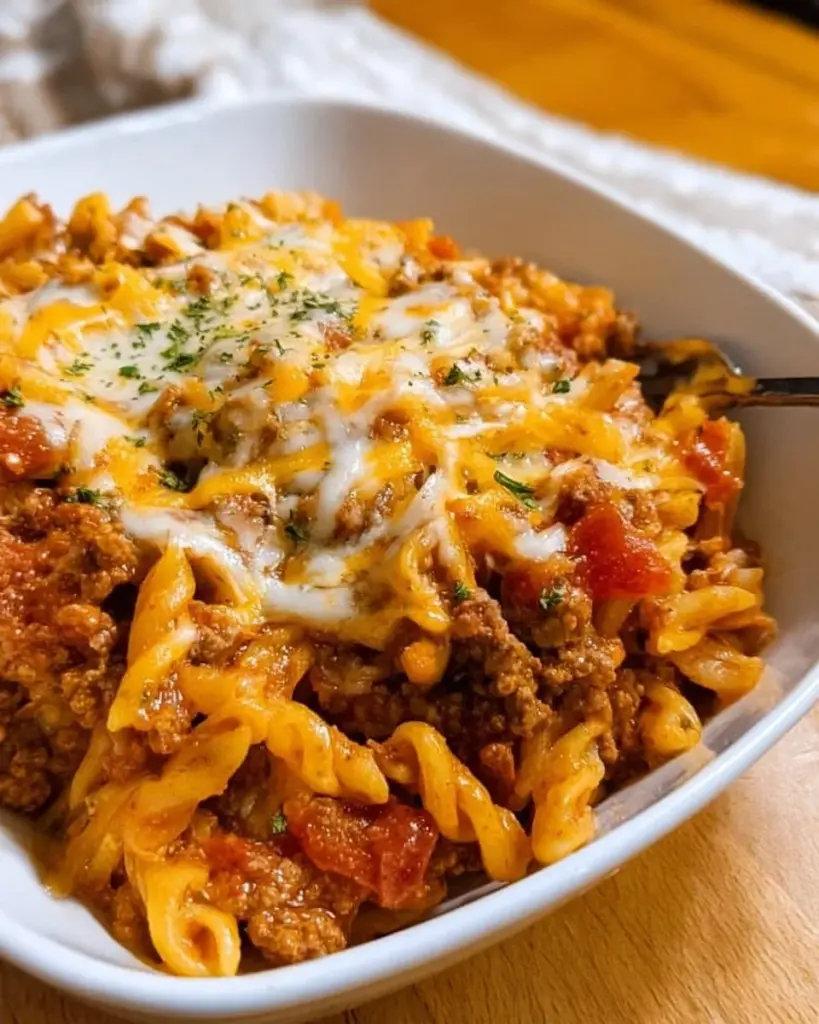 Delicious easy ground beef casserole served in a baking dish