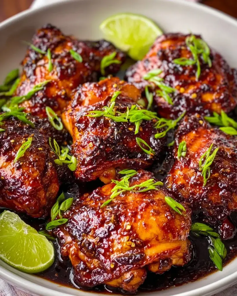 Delicious easy sticky glazed chicken served on a plate with garnish.