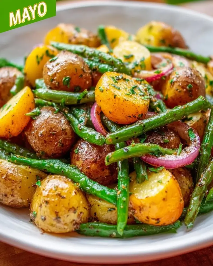 French potato salad with green beans in a serving bowl