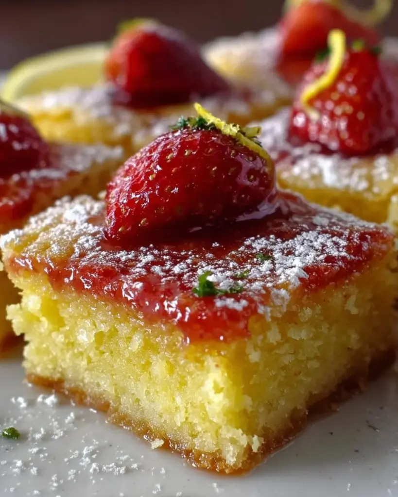 Delicious golden brown butter lemon bars garnished with powdered sugar
