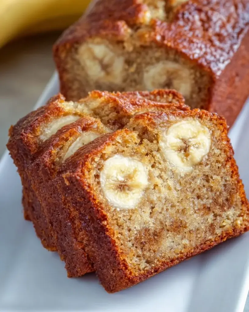 Slice of Greek Yogurt Banana Bread on a wooden board