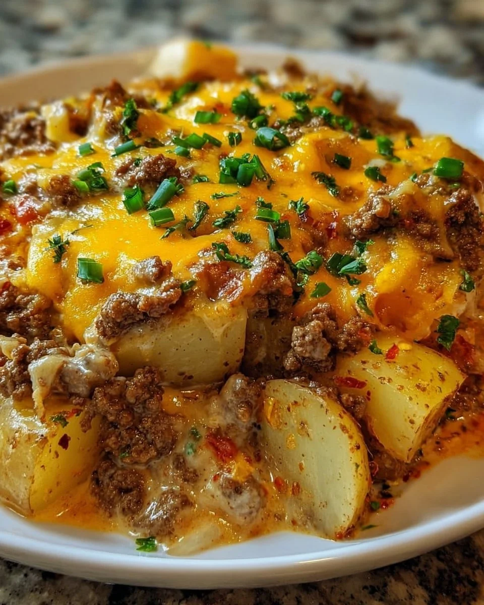 Bowl of hearty Hobo Casserole with meat and vegetables