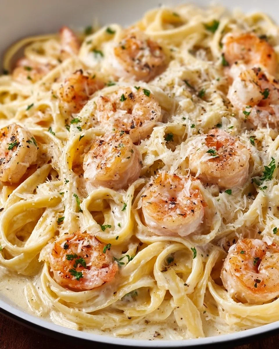 Creamy homemade shrimp alfredo pasta dish served with parsley garnish