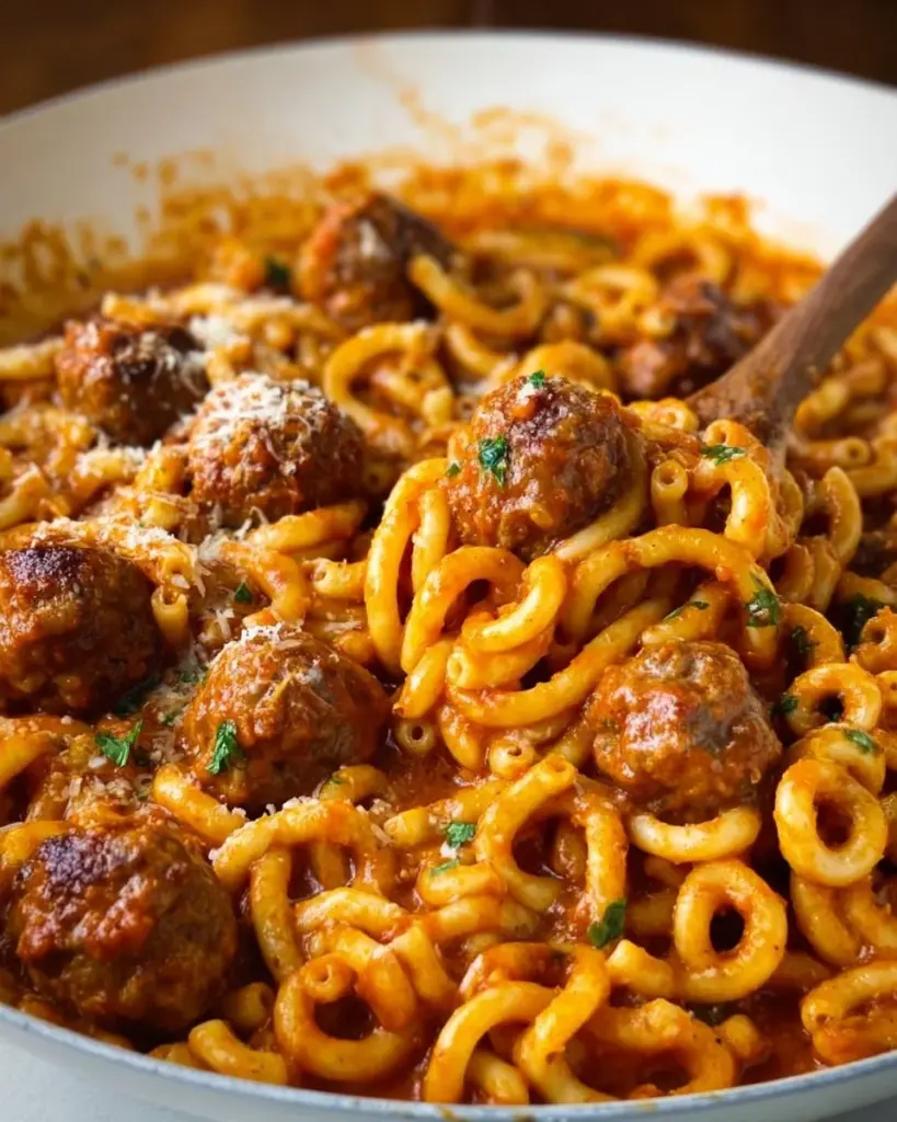 Bowl of homemade Spaghettios with meatballs served in a colorful dish