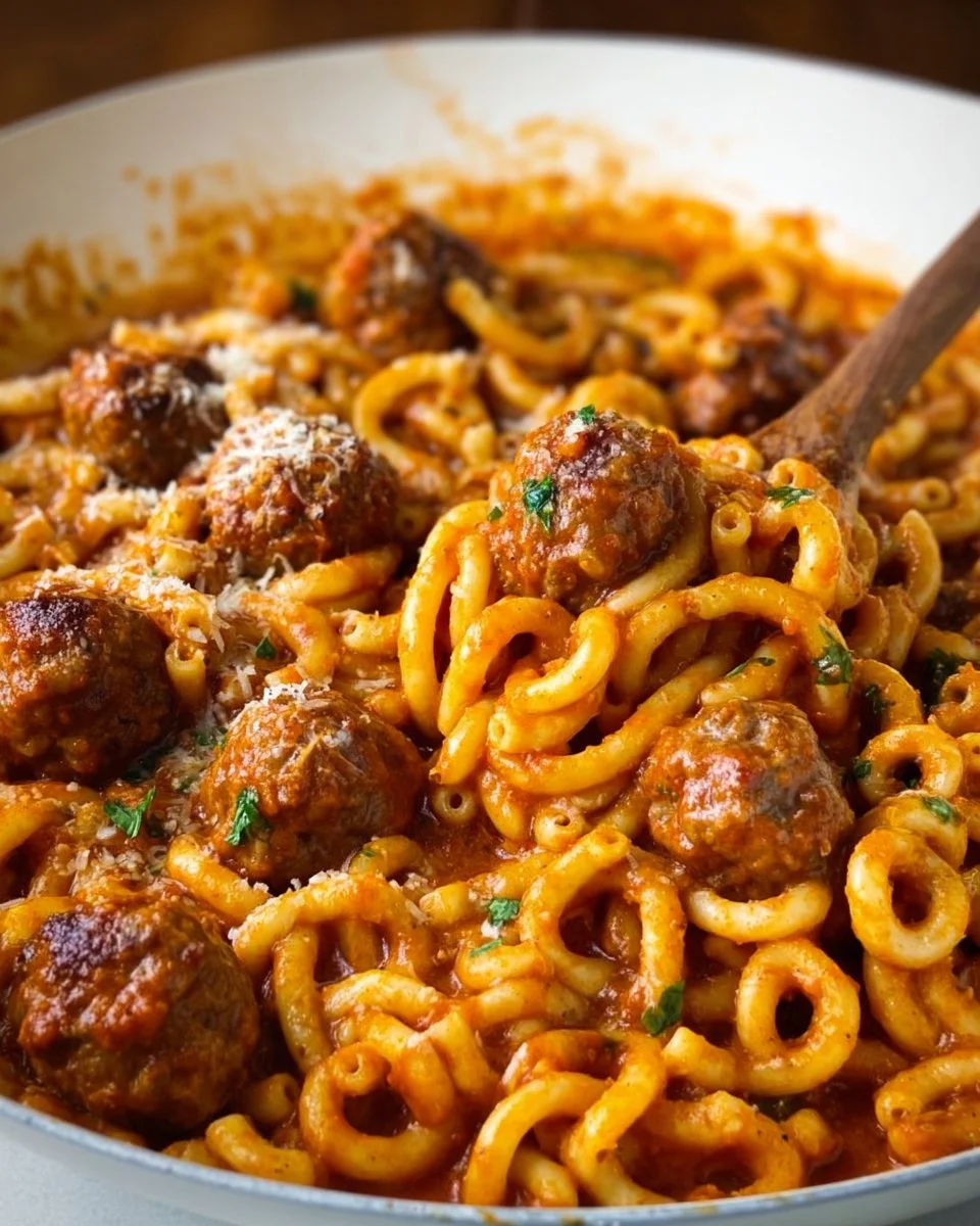 Bowl of homemade Spaghettios with meatballs served in a colorful dish
