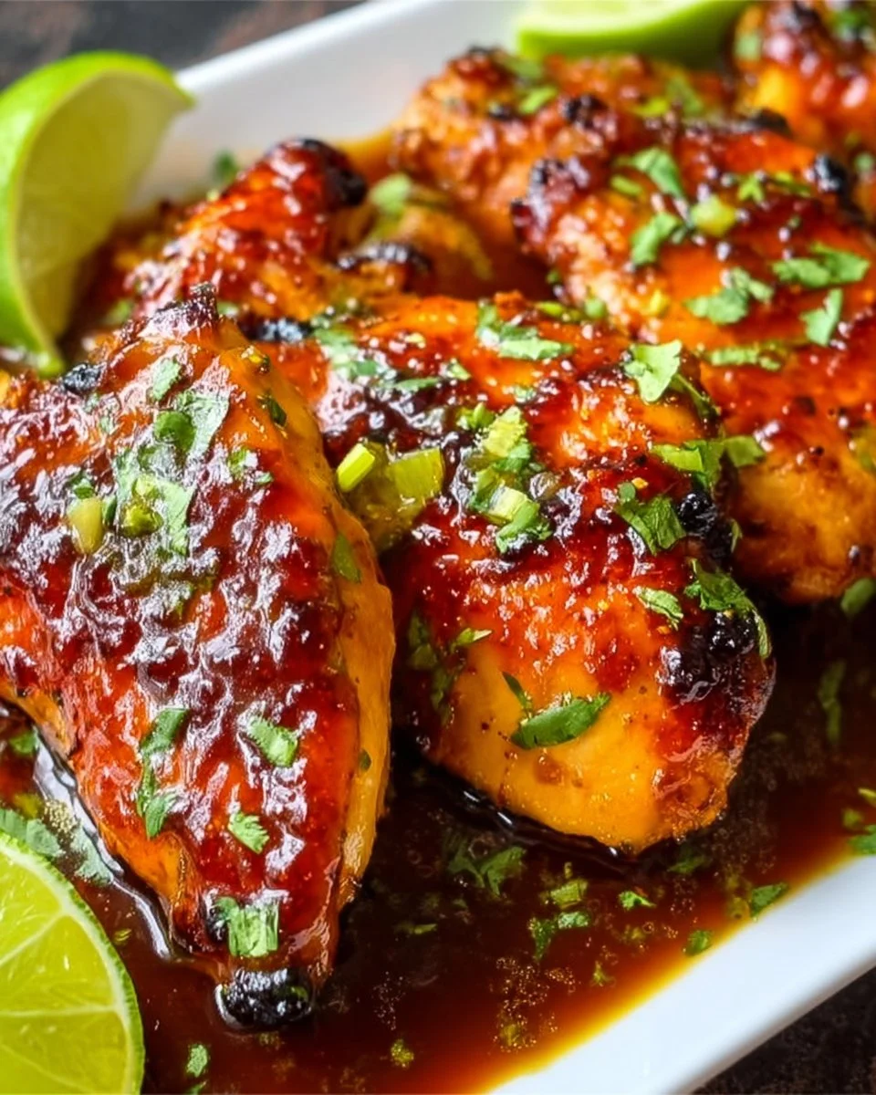 Delicious honey lime chicken garnished with fresh lime slices and herbs