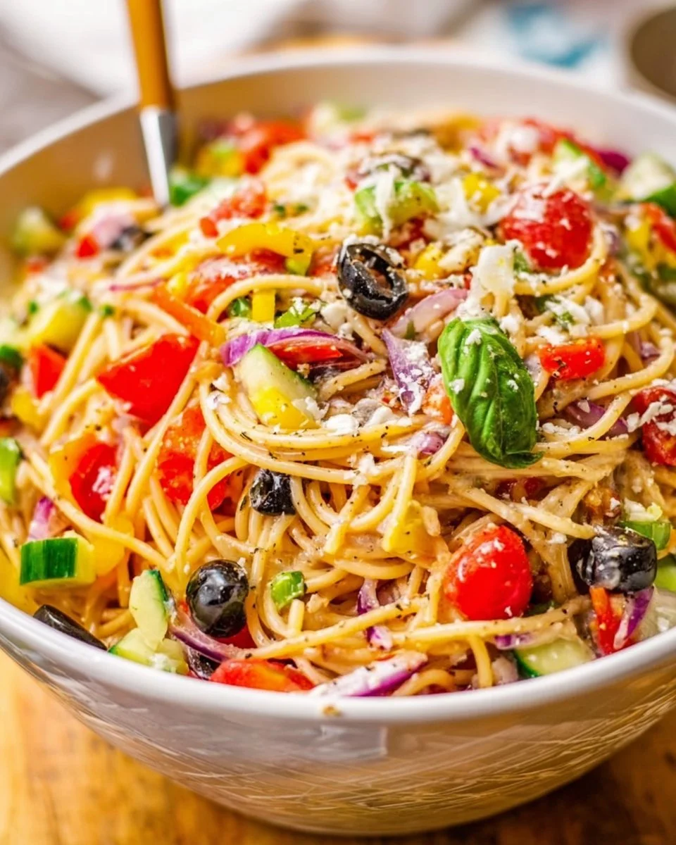 Italian Spaghetti Salad with fresh vegetables and a light dressing