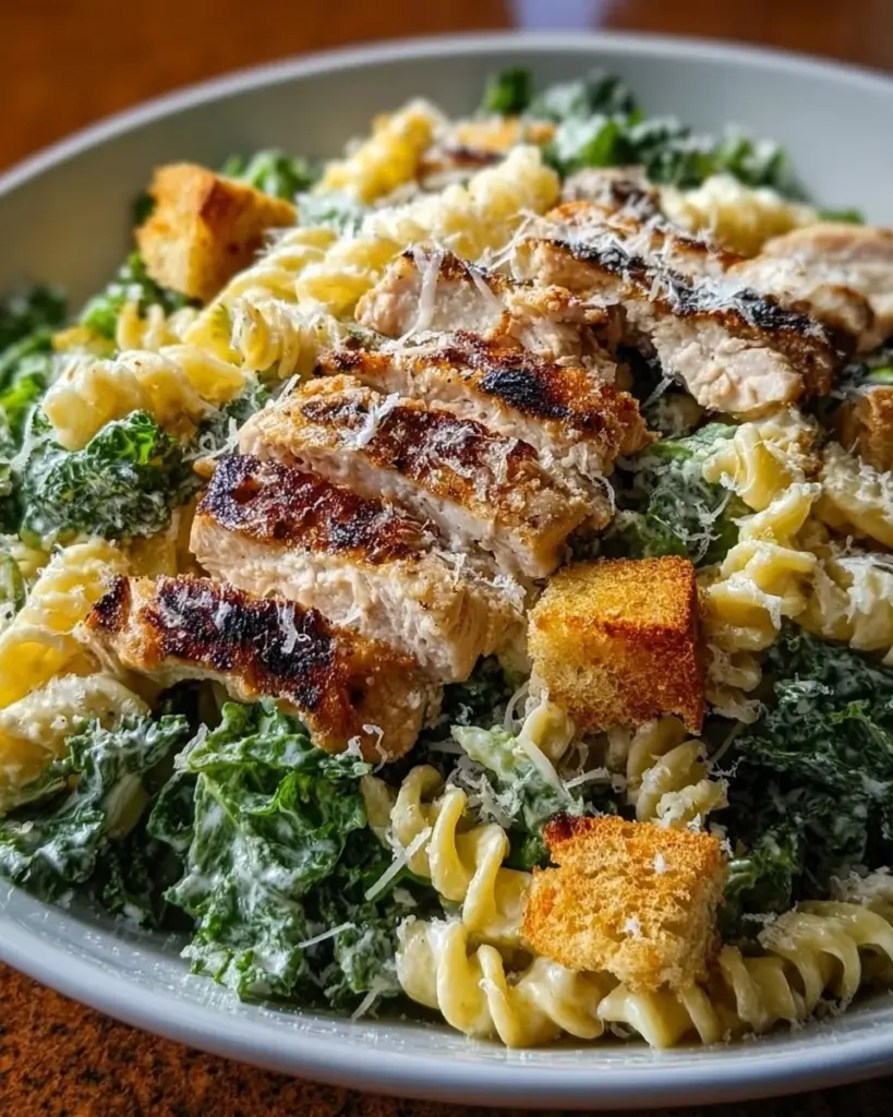 Kale Caesar Pasta Salad with crispy kale, pasta, and Caesar dressing