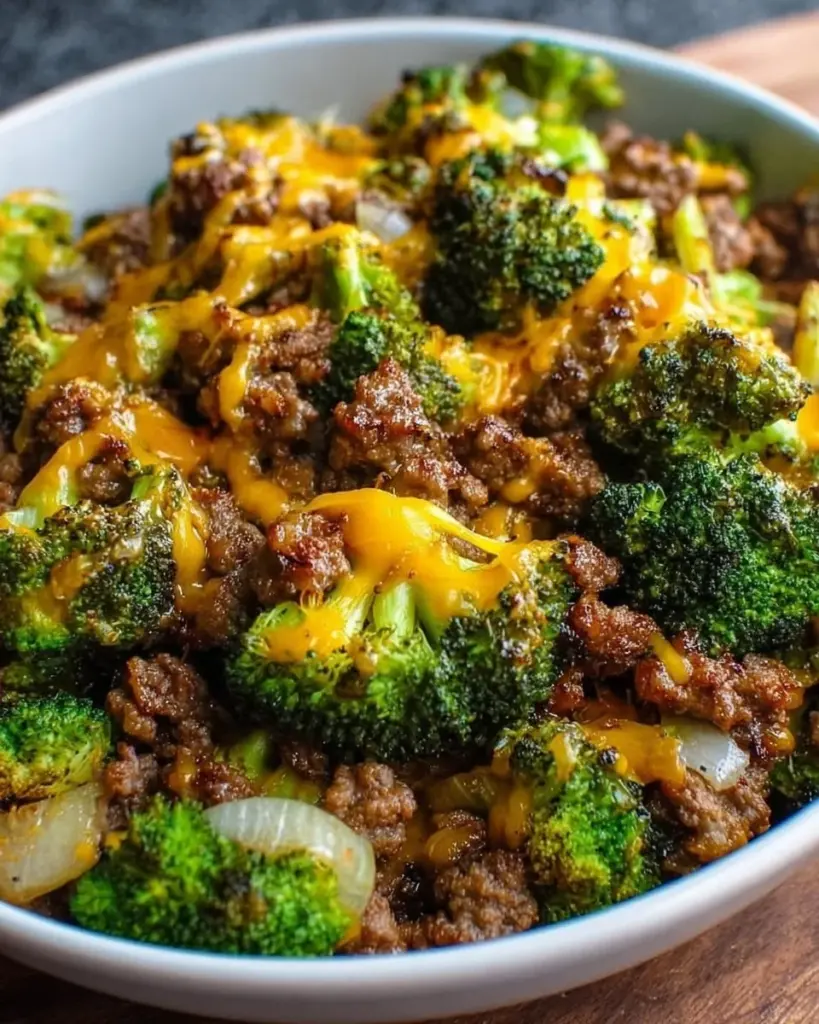 Keto hamburger broccoli skillet dish with fresh ingredients