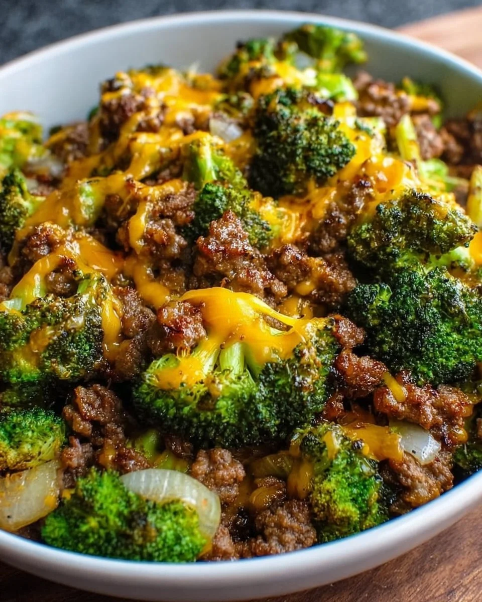 Keto hamburger broccoli skillet dish with fresh ingredients