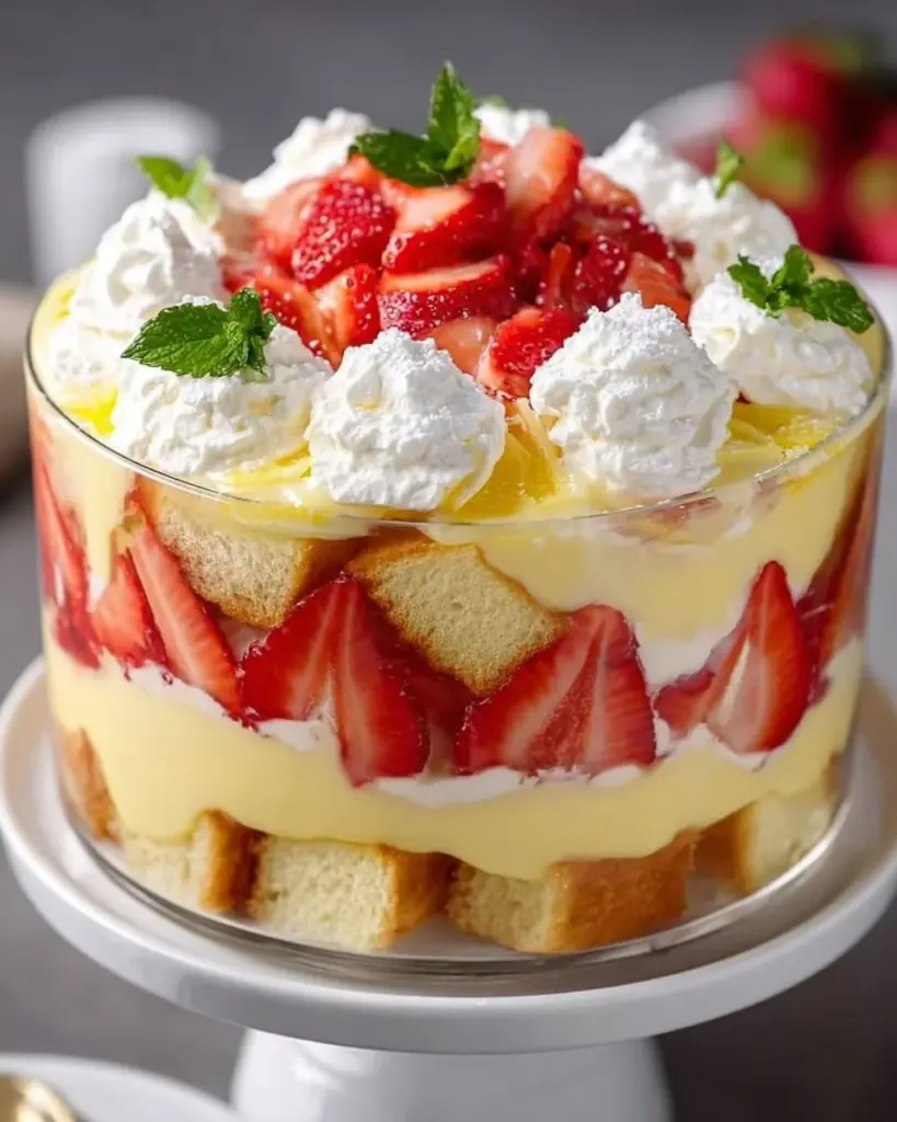 Lemon Strawberry Trifle dessert with layers of strawberries and lemon cream