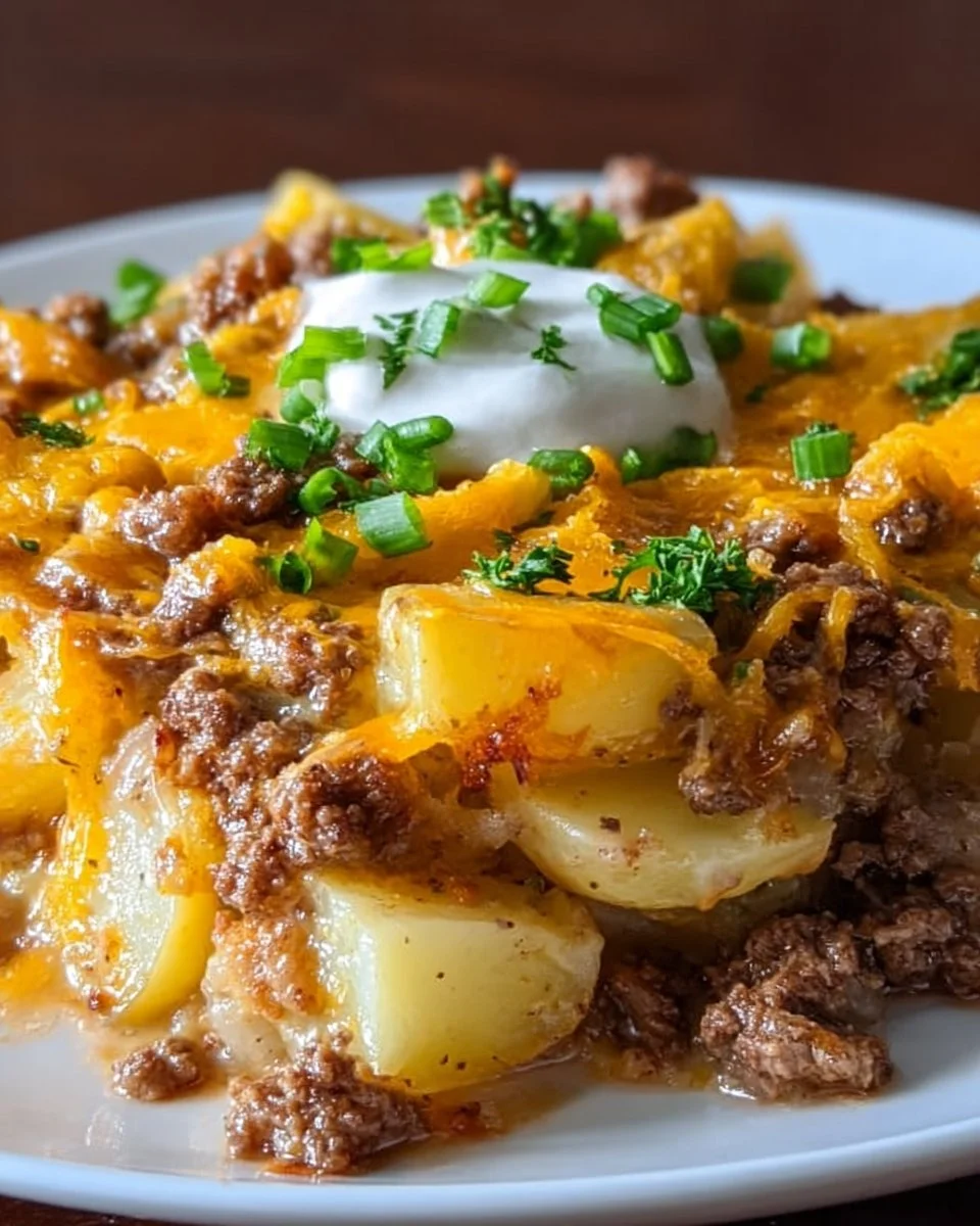 Delicious loaded beef potato bake topped with cheese and herbs.