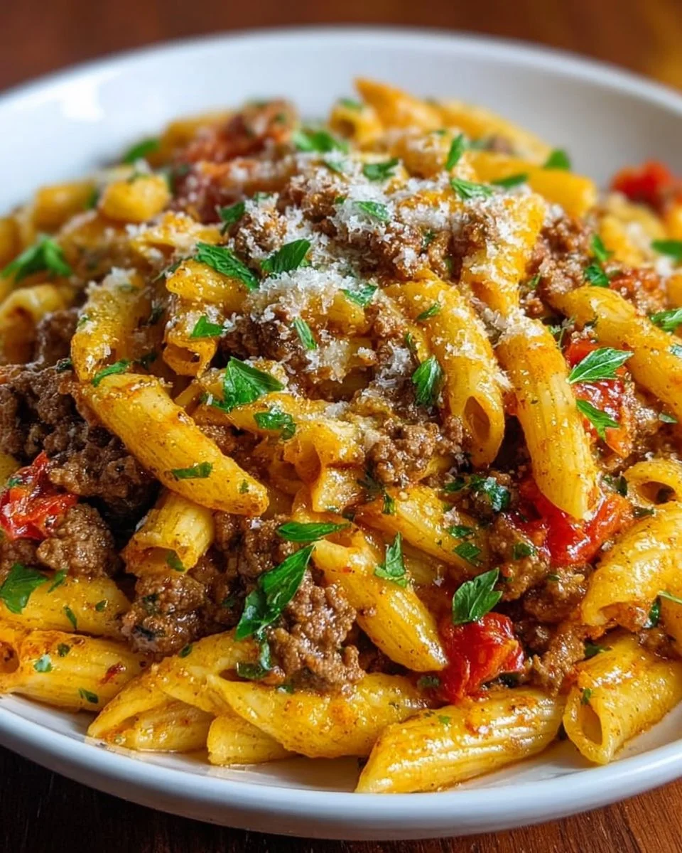 Delicious Marry Me Ground Beef Pasta served in a bowl with herbs on top
