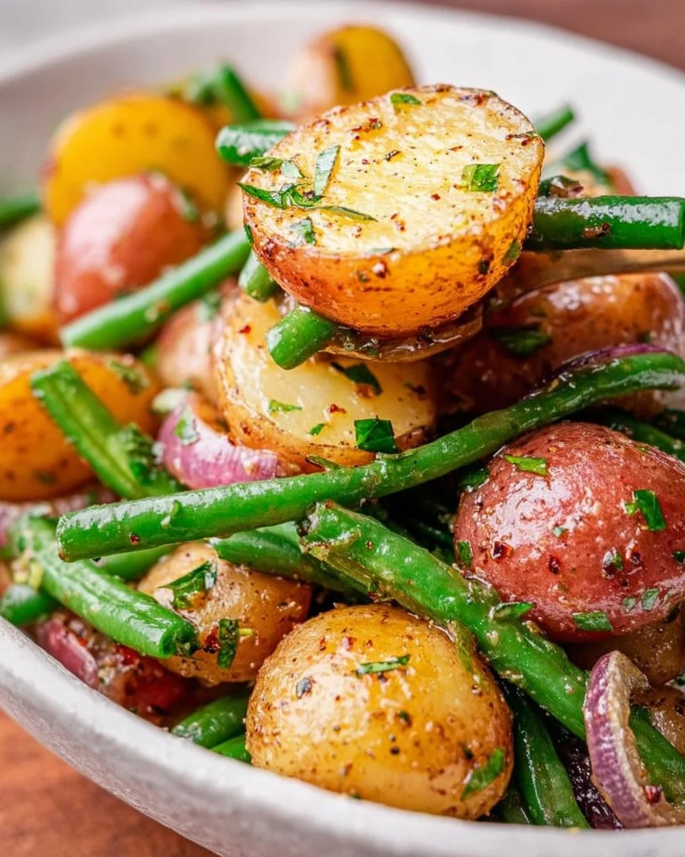 Mayo-free potato salad made with fresh ingredients and colorful vegetables