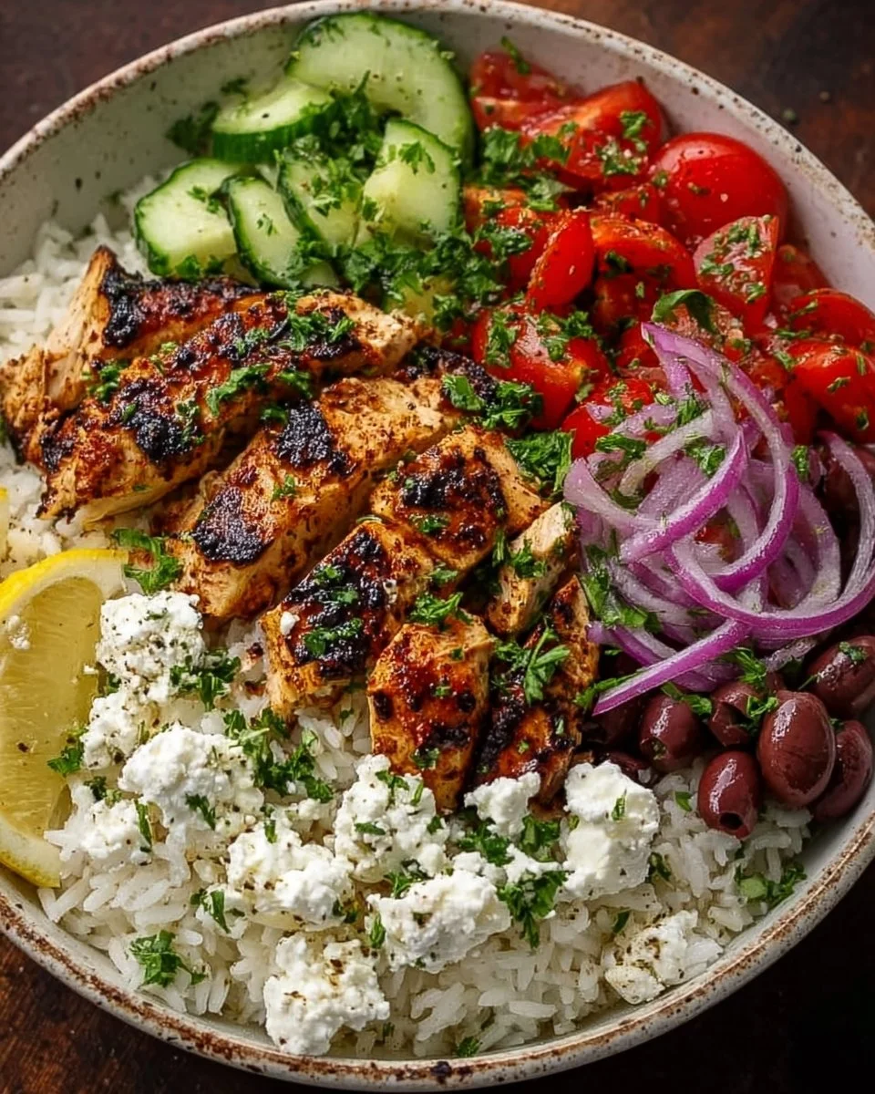Healthy Mediterranean Chicken Bowl with fresh vegetables and flavorful spices