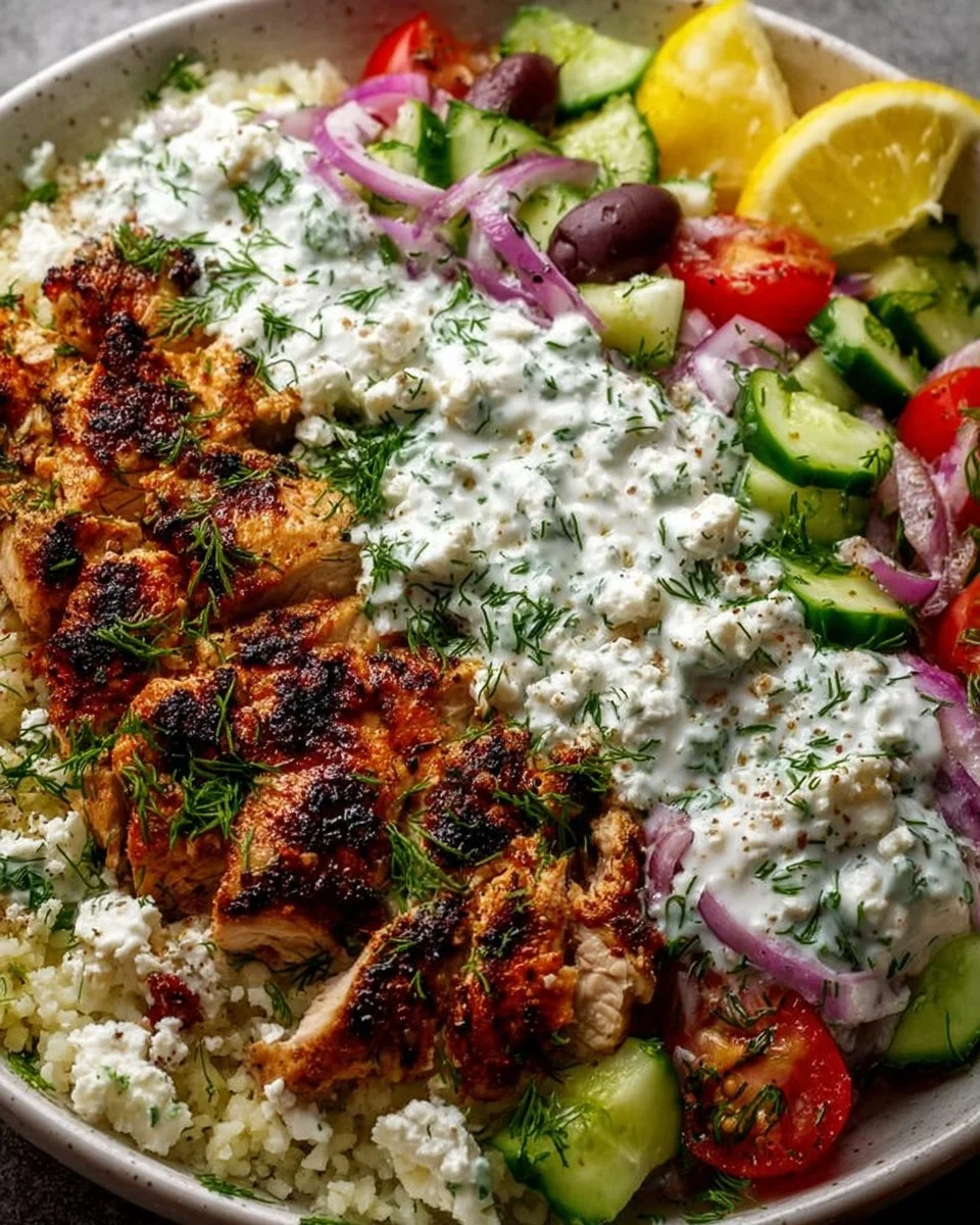 Delicious Mediterranean Chicken Bowl with fresh vegetables and flavorful ingredients.