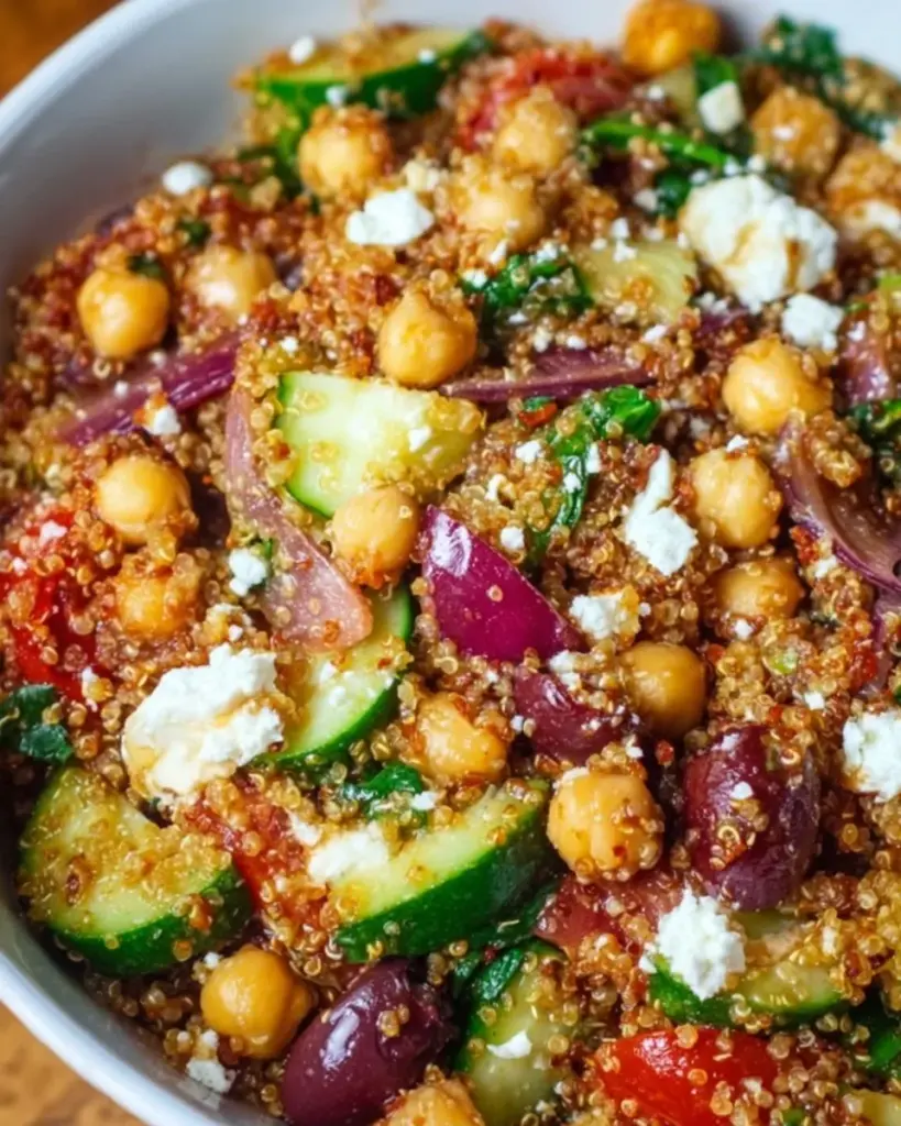 Colorful Mediterranean salad featuring chickpeas and quinoa in a bowl