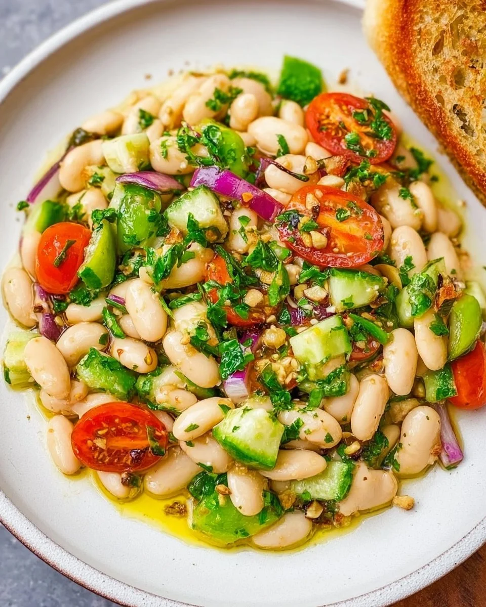 Mediterranean White Bean Salad with fresh vegetables and herbs