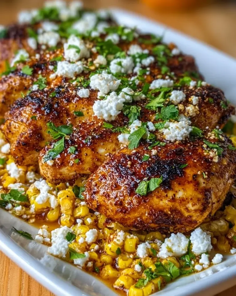 Delicious Mexican street corn chicken topped with cheese and spices