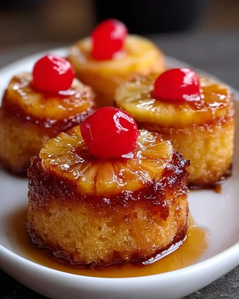 Mini pineapple upside down cakes with caramelized pineapple and cherries