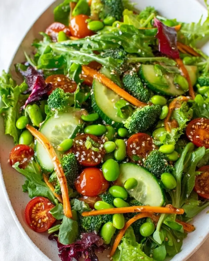 Mixed Green Salad drizzled with Sesame Ginger Vinaigrette in a bowl