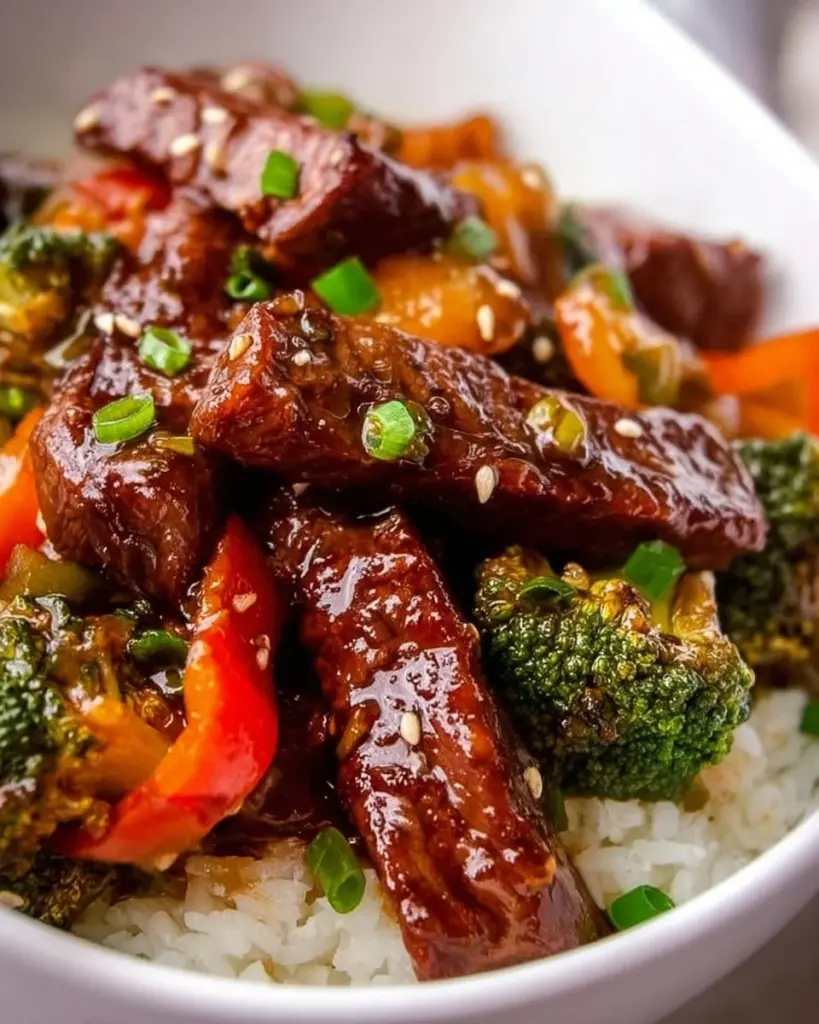 Plate of Mongolian Beef Stir Fry with vegetables and rice