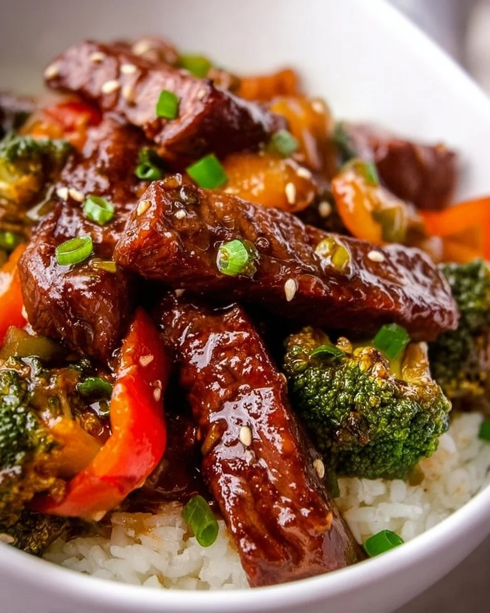 Plate of Mongolian Beef Stir Fry with vegetables and rice
