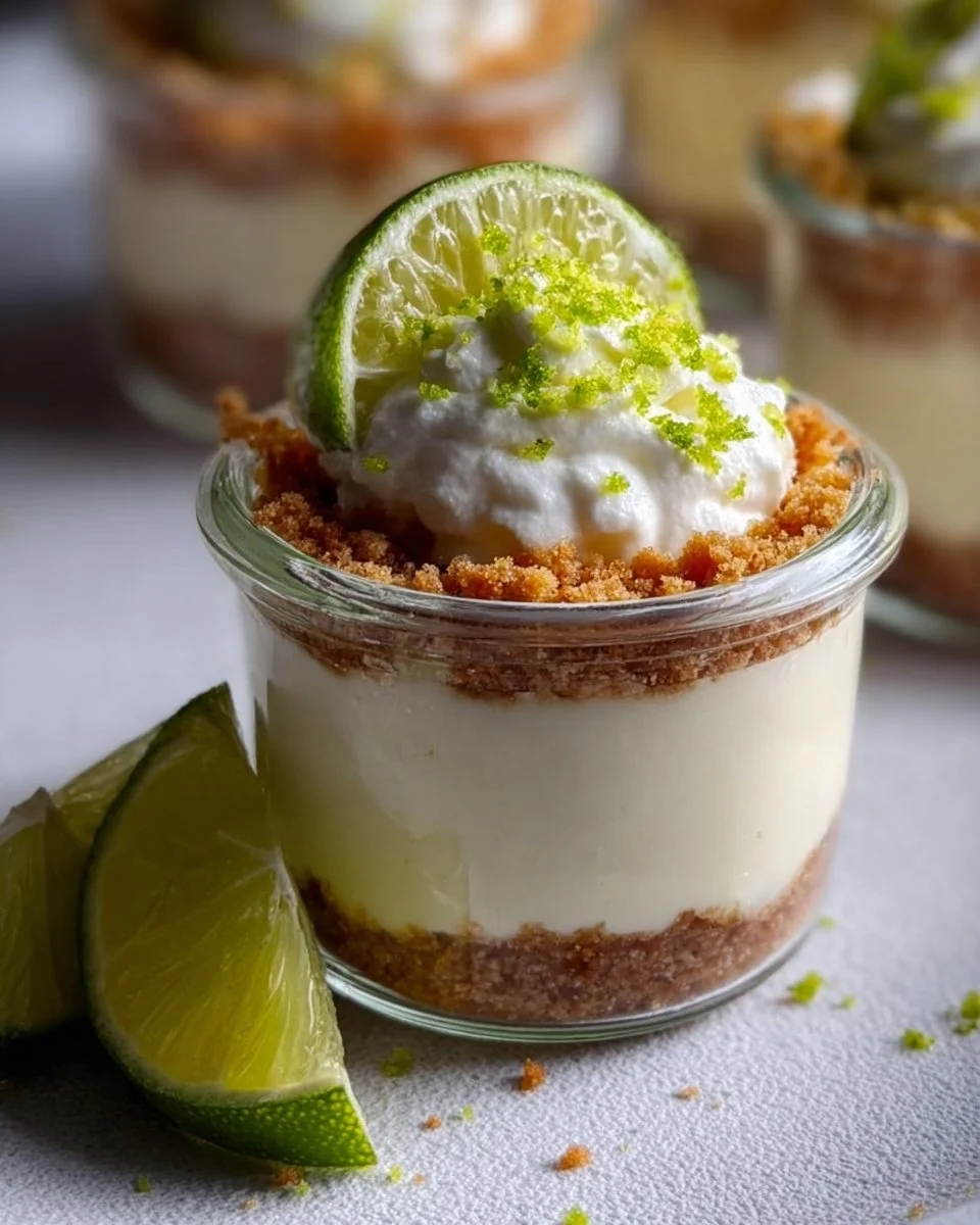 No-bake key lime cheesecake jars topped with lime zest and whipped cream