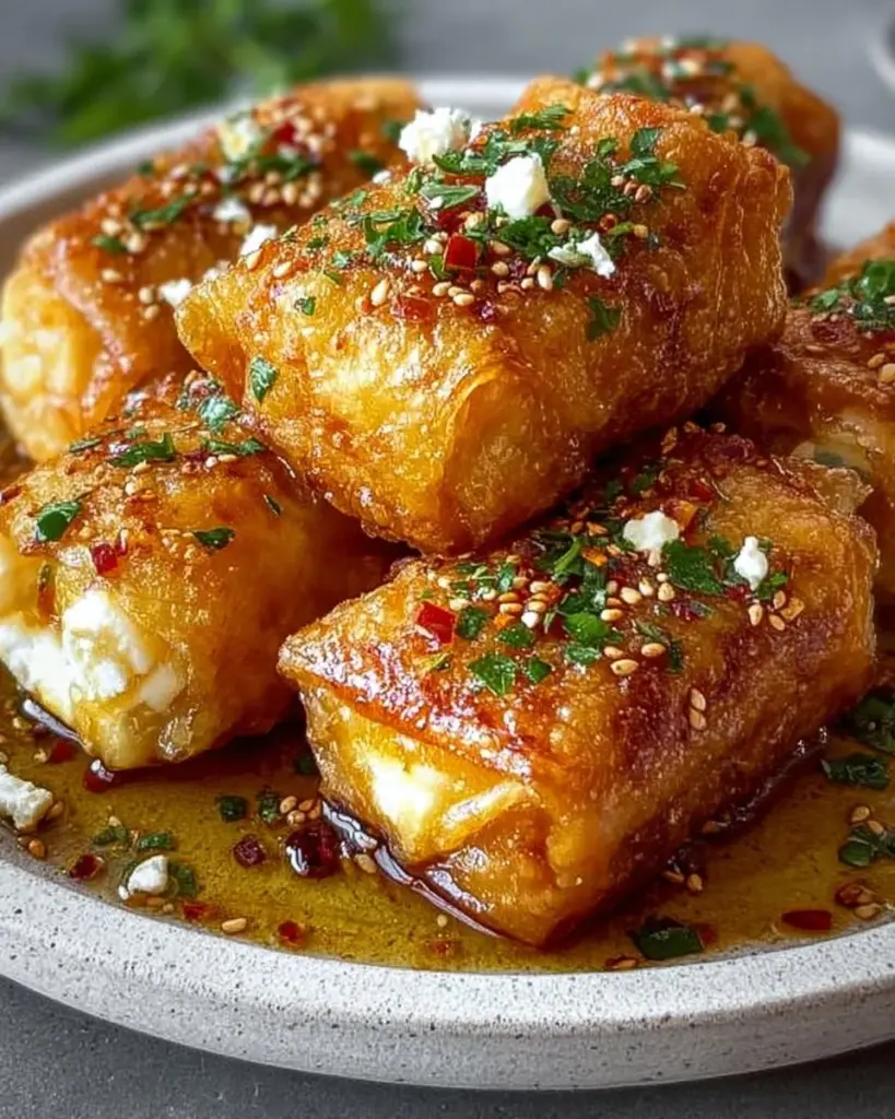 Oven-Fried Feta Rolls drizzled with Spicy Chili Honey on a plate