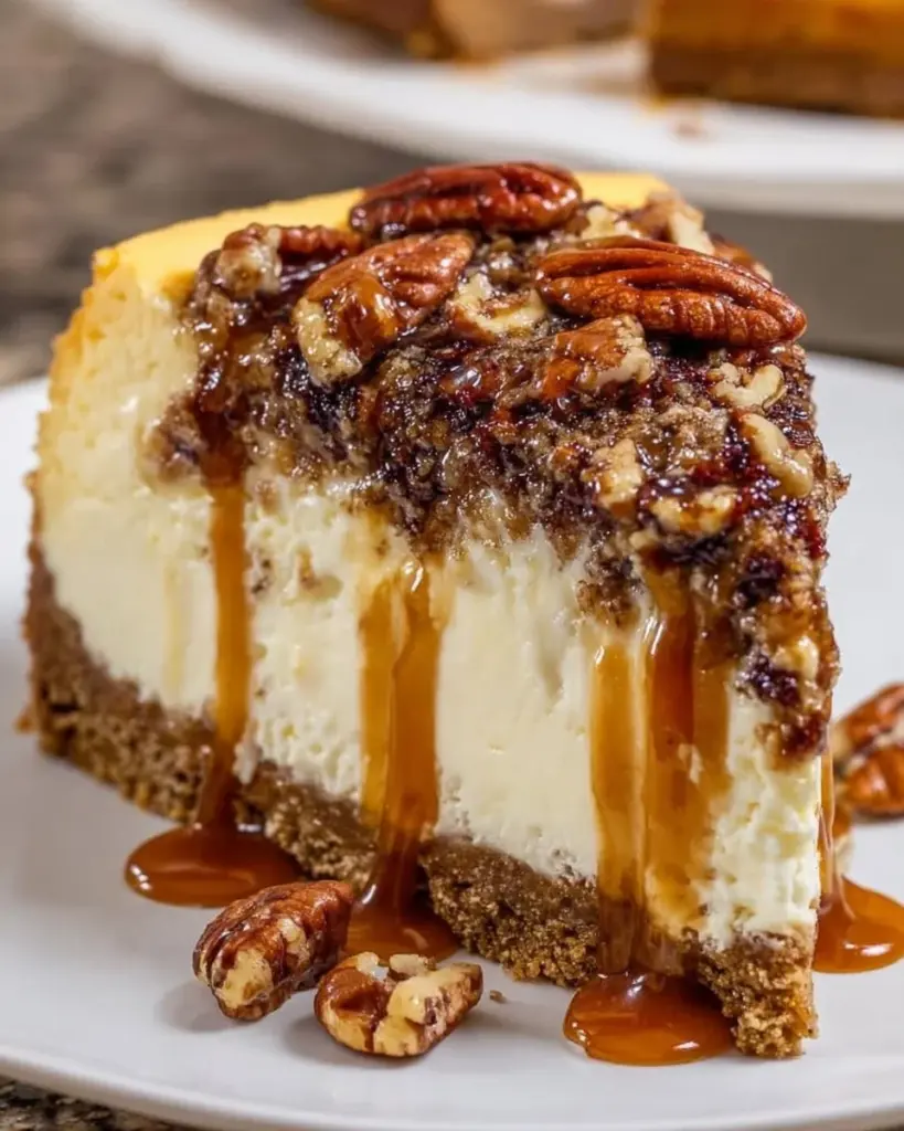 Slice of homemade pecan pie cheesecake on a plate with pecans on top
