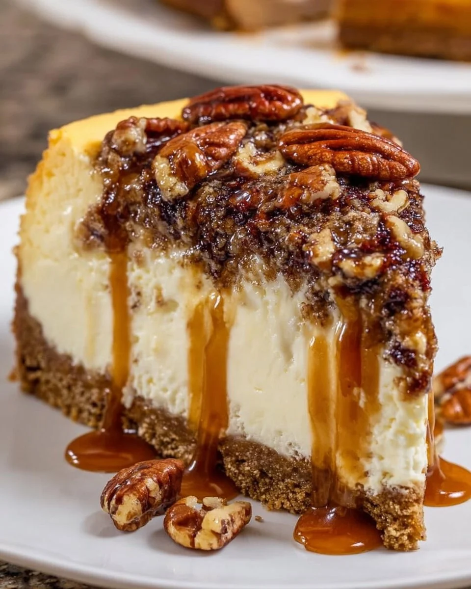 Slice of homemade pecan pie cheesecake on a plate with pecans on top