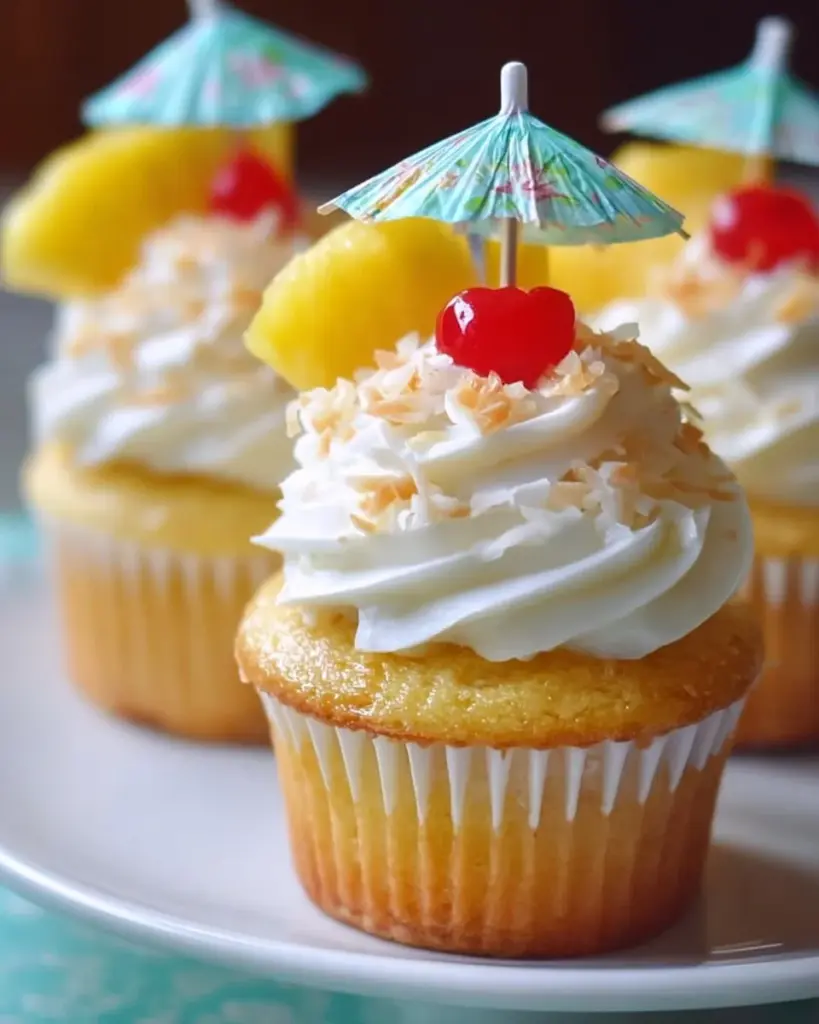 Delicious Pineapple Coconut Cupcakes with tropical frosting and decorations