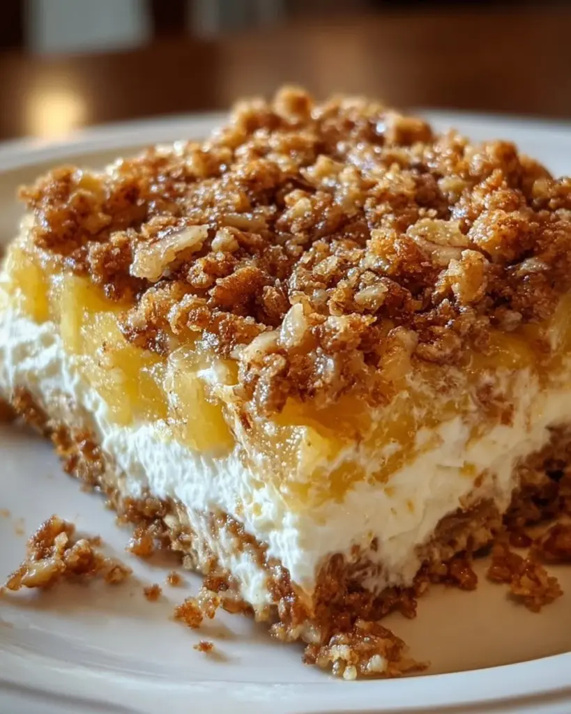 Delicious Pineapple Pecan Cream Cheese Crunch Bake served on a plate